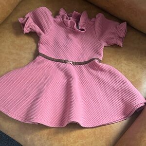 Janie and Jack Pink Textured Ruffle-Neck Fit & Flare Dress with Brown Belt